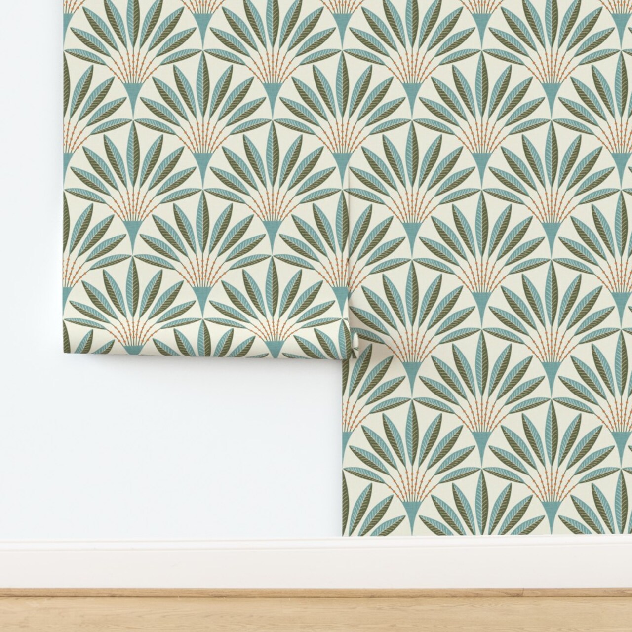 Modern Geometric Teal Green Orange Bold Linen Texture Retro Scallop Fans Traditional Wallpaper by Spoonflower Non-Pasted Wallpaper 2FT Wide